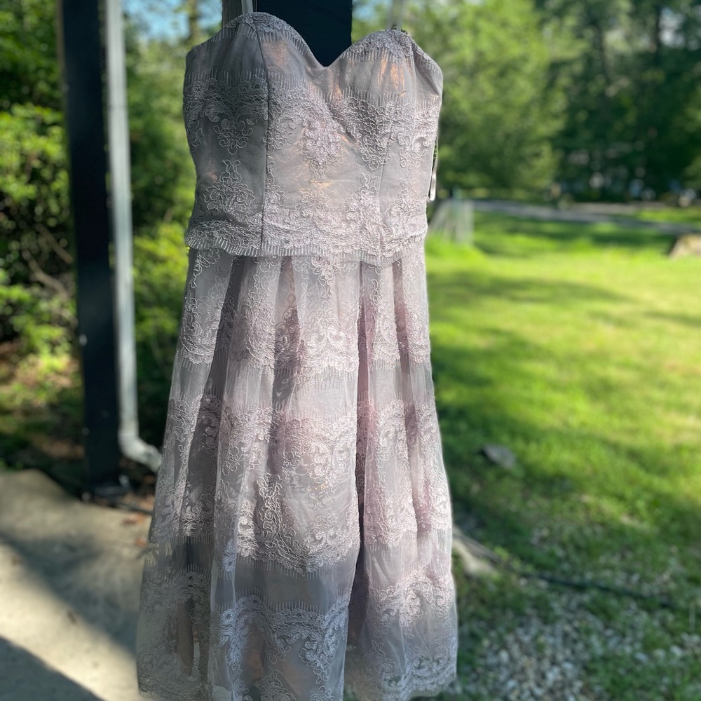 Cachet Lavender Lace Asymmetrical Dress great for all occasions